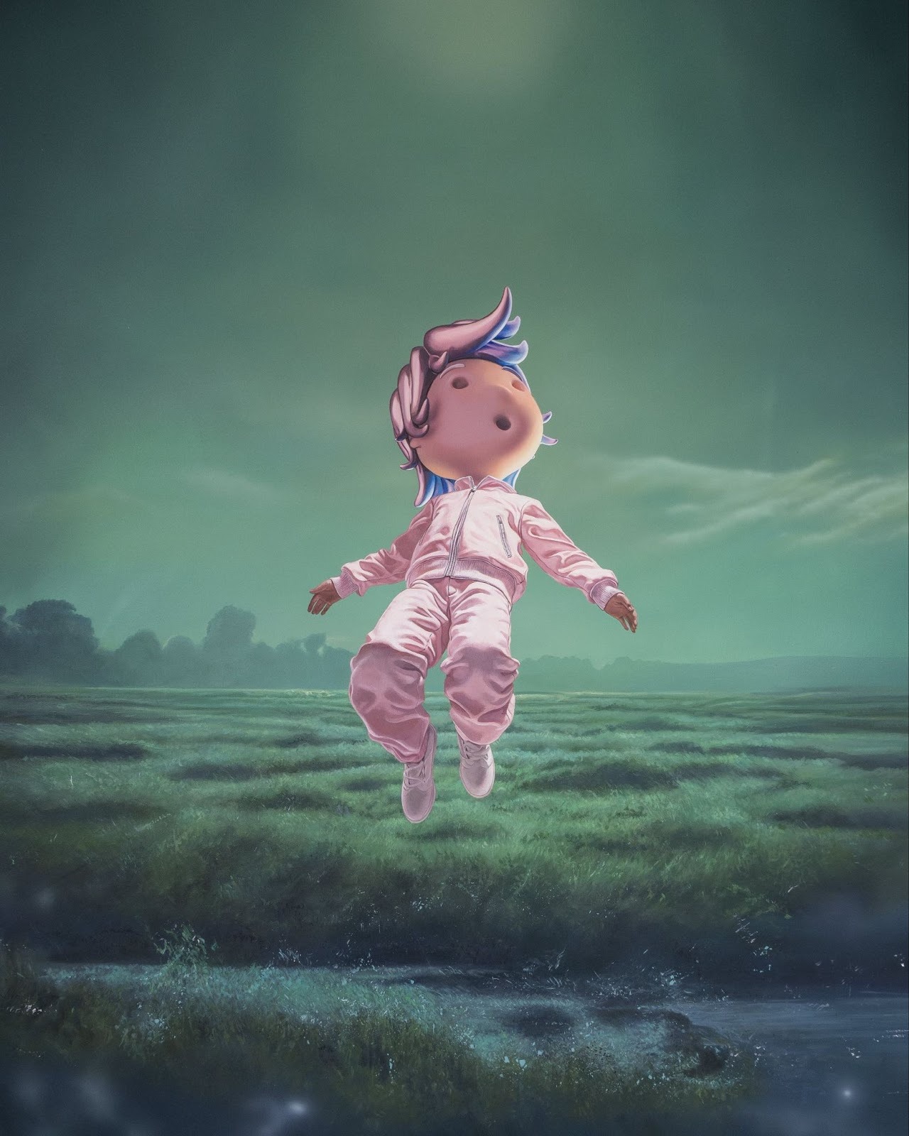 In Giovanni Motta&rsquo;s surreal art prints, his character JonnyBoy floats above vast landscapes, as in, The Rose of the Grandmother (2025)