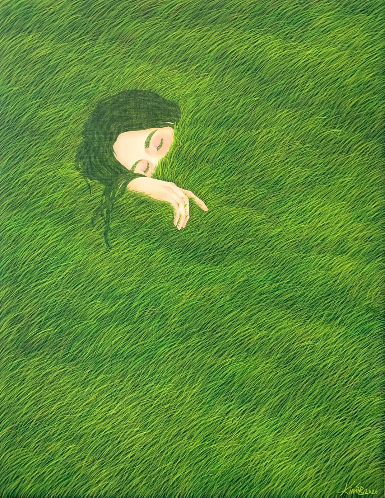 In her dream surrealism art, Mulgil Kim paints sweeping landscapes where nature begins to misbehave. In Sleep Well (2026), a field of grass becomes a blanket.