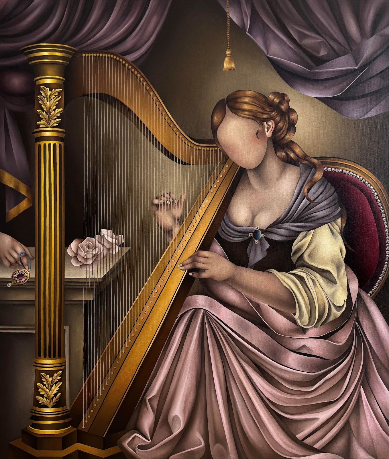 In her surreal paintings, Celine Ali somehow shows deep emotion within her faceless subjects, as in this surreal artwork, The Lady with the Harp (2026)