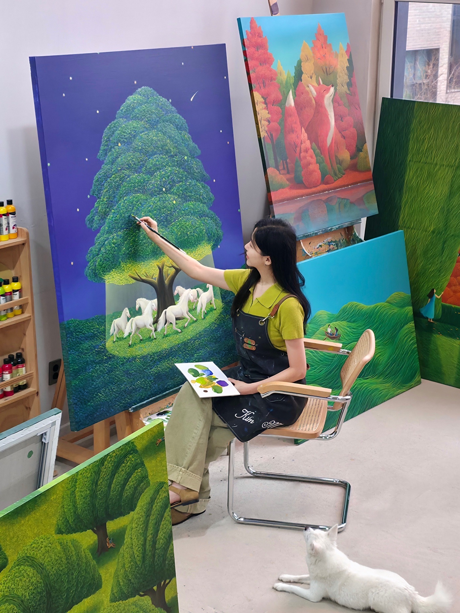Artist Mulgil Kim creates a calming biophilic art piece of a tree in her wellness art studio, in Seoul, Korea.