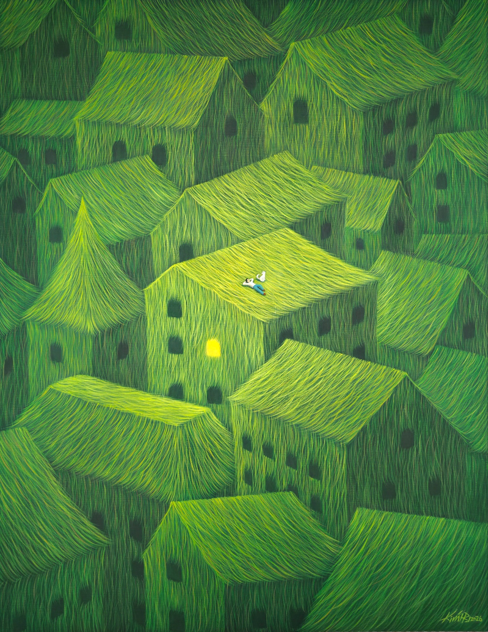 In this eco art by Mulgil Kim, Green Roof (2026), tightly packed houses are transformed with green grass exteriors.