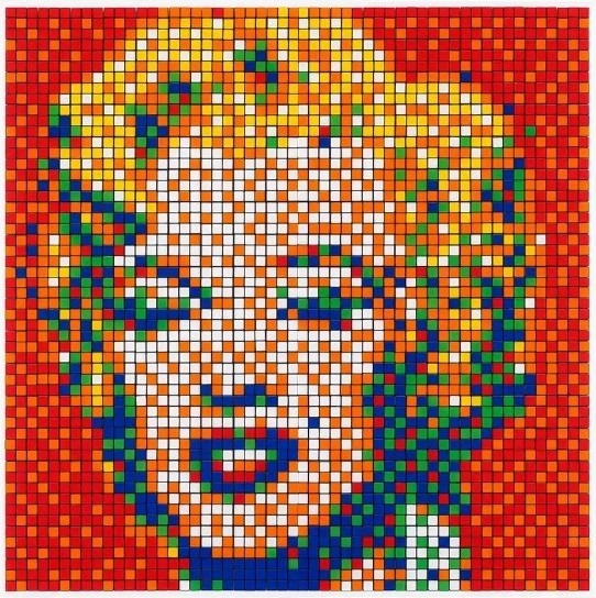 In Rubik Shot Red Marilyn (2023), Invader took an Andy Warhol portrait painting of Marilyn Monroe, and reimagined it in pixels.