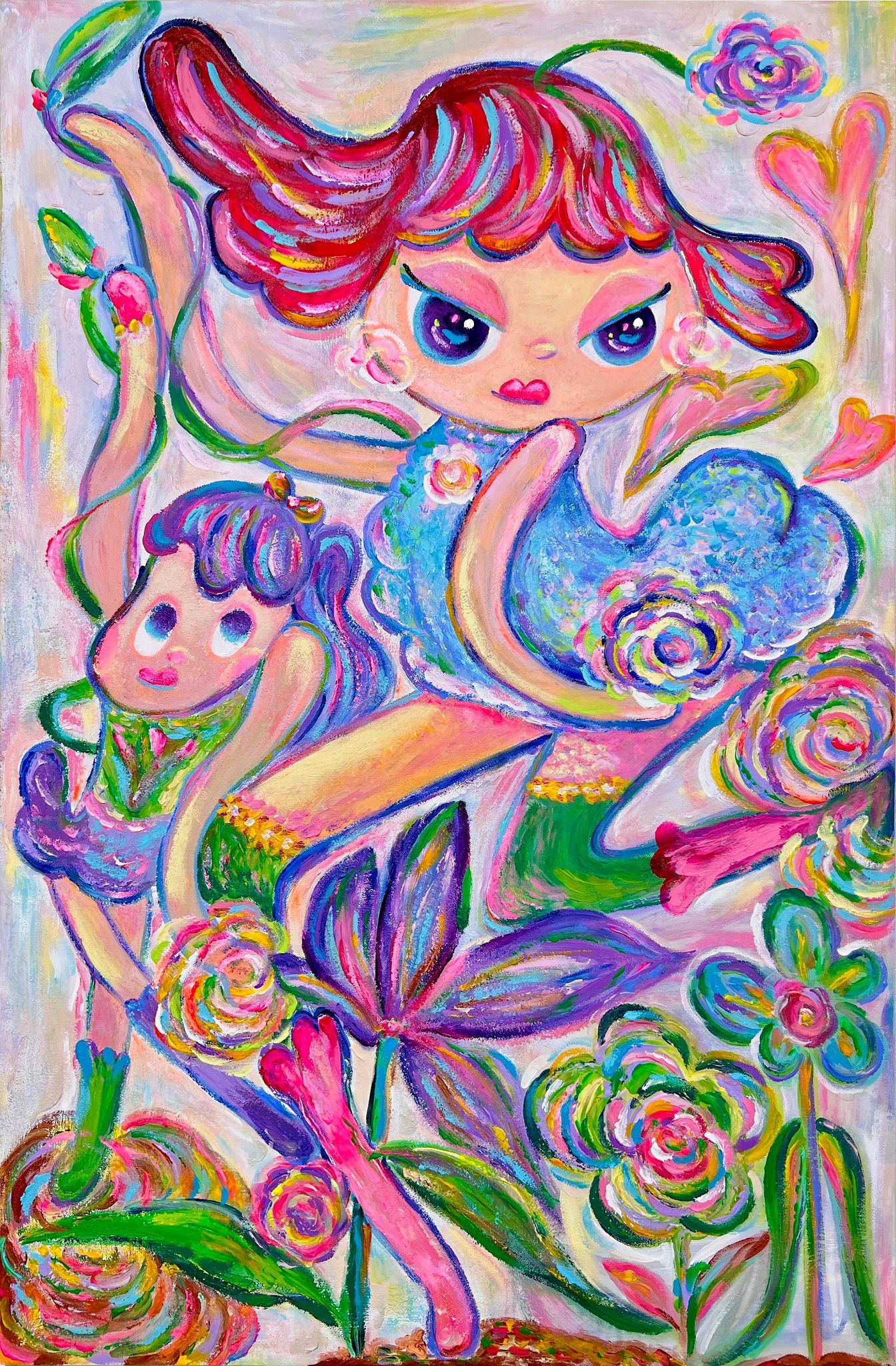 Art and feminism become playful in Flourishing Girls I (2026), by Bibi Lei, who paints colourful cartoon-like girls