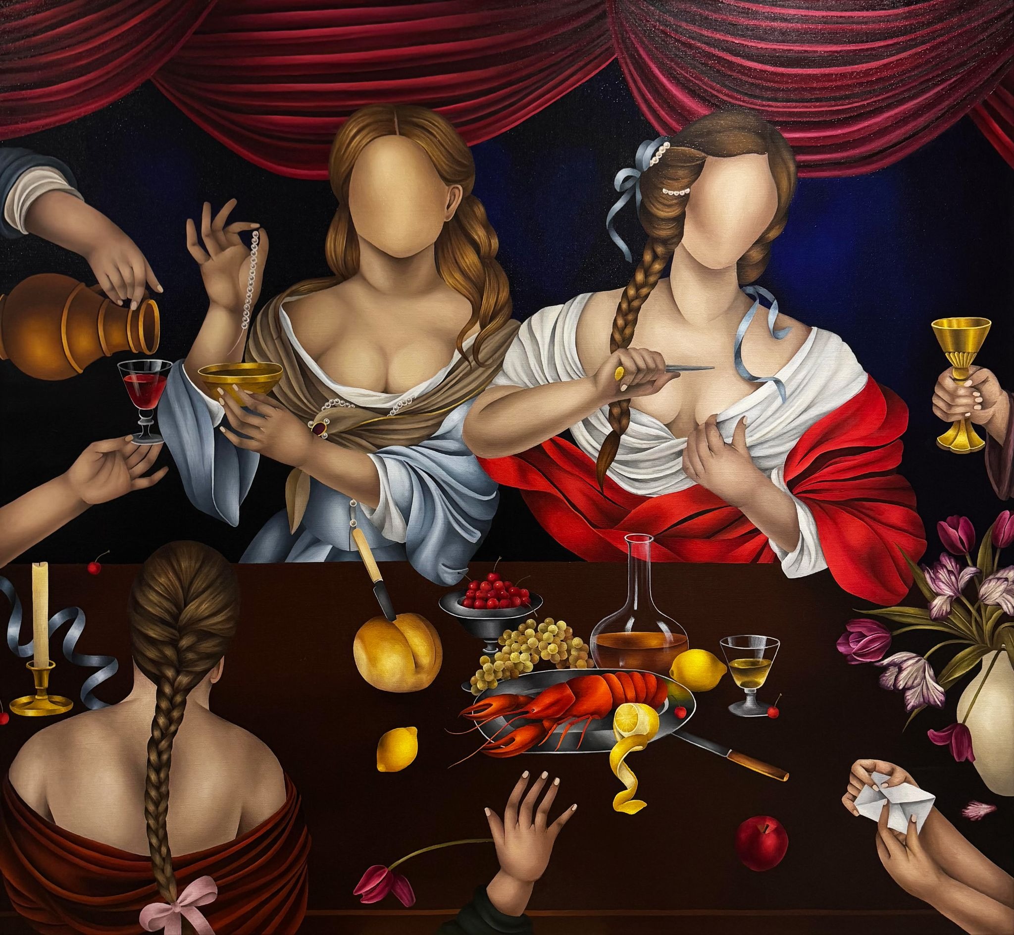 Unique among feminist painters, Celine Ali portrays people without faces. In The Last Banquet (2026), women gather around a table.