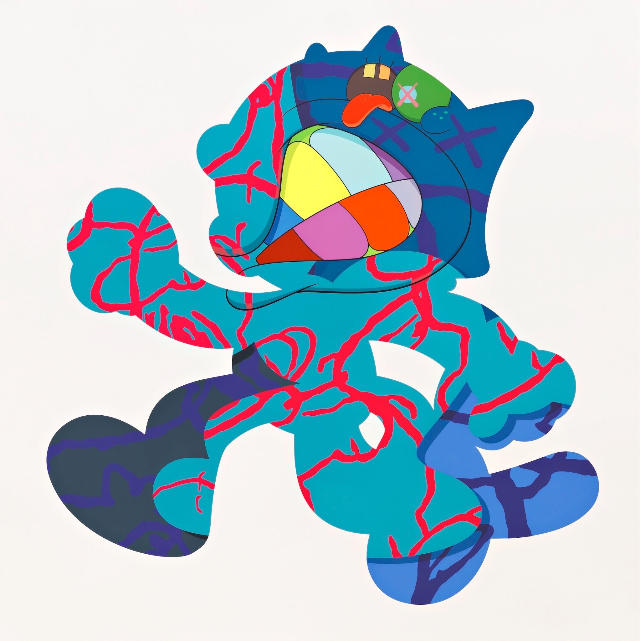 Abstract art techniques are explored in the bold, colourful screenprint by KAWS, Ankle Bracelet (2017), which shows the form of a cartoon character running.