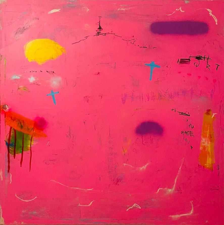 David Pher uses abstract art techniques like layering, overpainting and partial erasure, in this vivid pink canvas with coal markings, Pakard (2022)