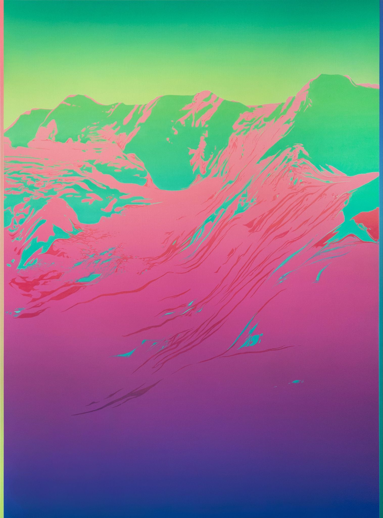 Julio Sarrami&aacute;n creates Contemporary abstract paintings of mountains using oil on linen. Glitchland 27 (2022), shows pink ridges and peaks.