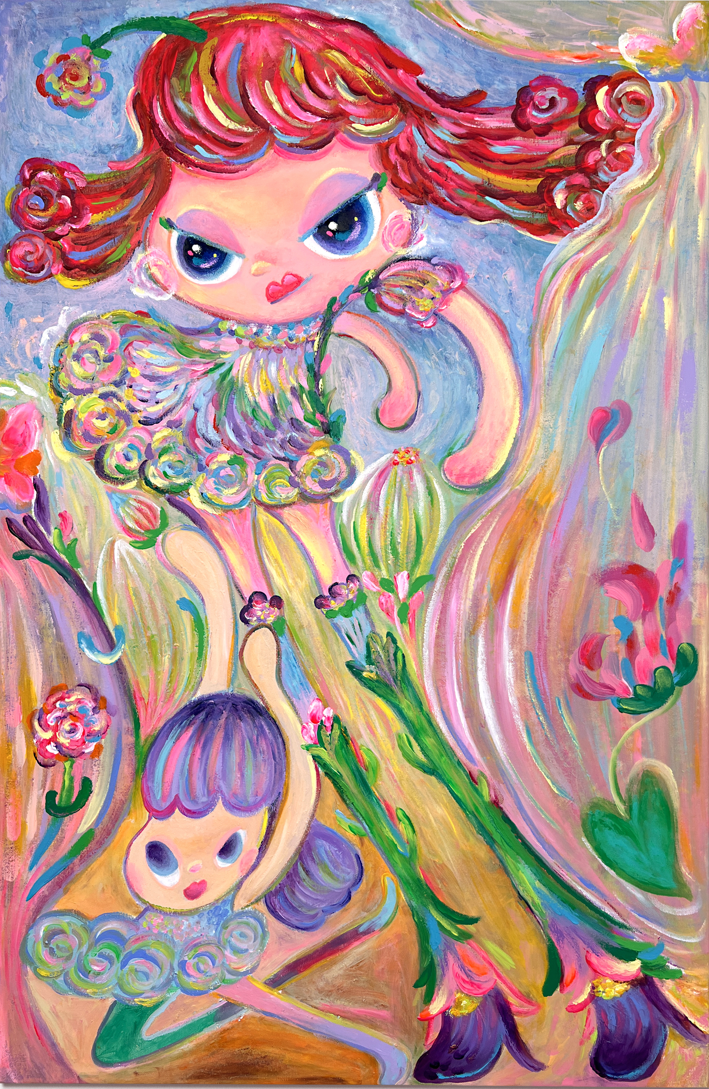 A colourful painting of spirited kawaii-style children by Bibi Lei, Flourishing Girls II (2026), is taking the female art market by storm.