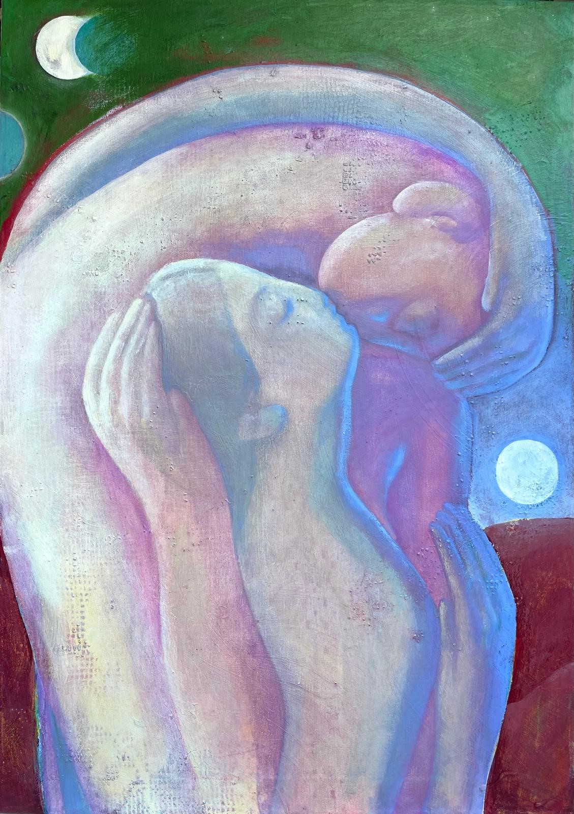 In her intimate examples of figurative art, Miriam Dema paints human forms embracing, as in Lunas (2025)