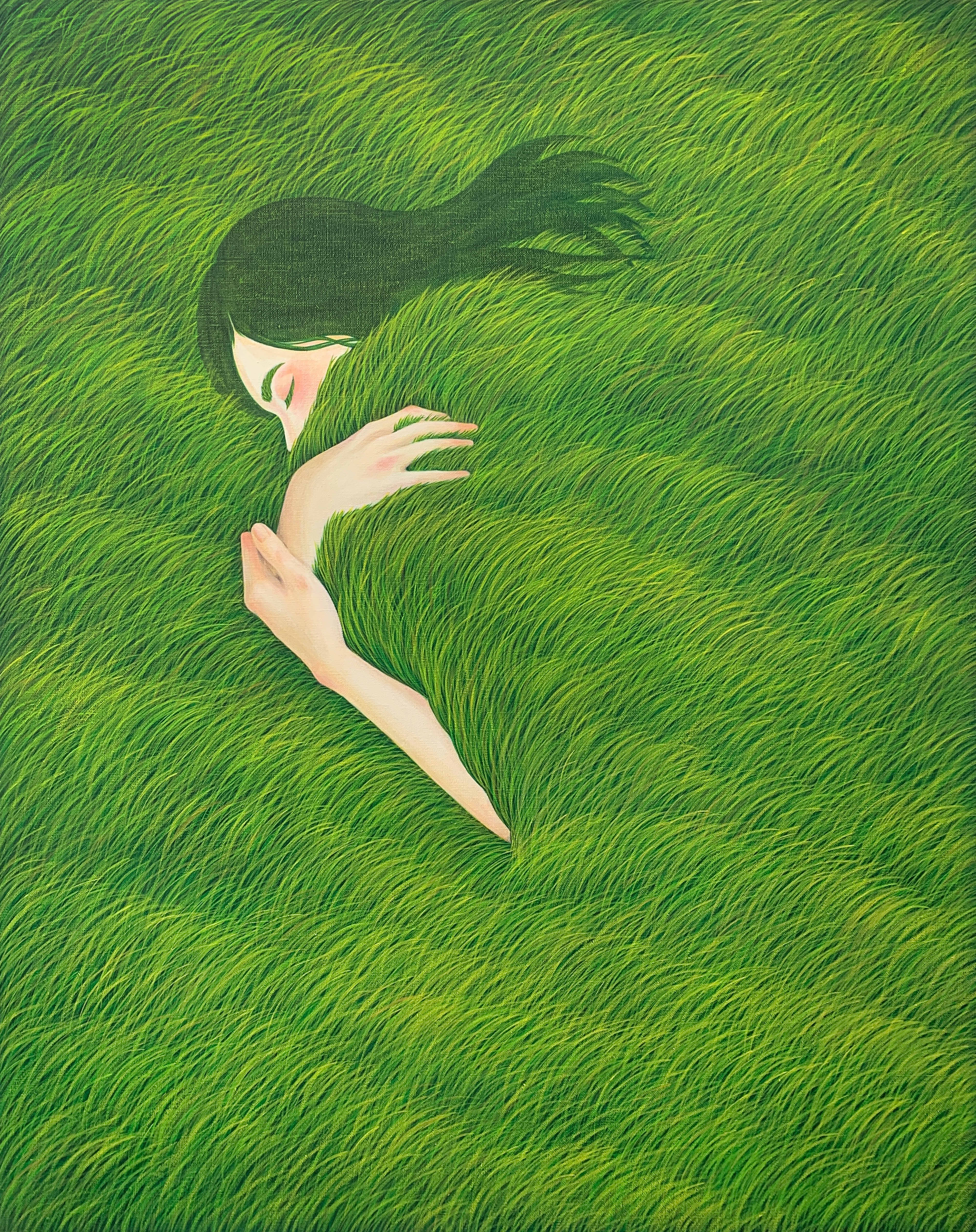A woman sleeps with a grassy meadow as a blanket in Sleep Well by Mulgil Kim, (2025), this hyperindividual surrealist style is emerging among significant trending art styles, 2026.